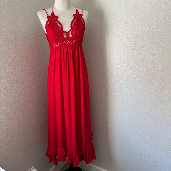 Free People Dresses & Skirts - Free People One Adella Boho Lace Maxi Dress Strappy Ruched Red Sz XS